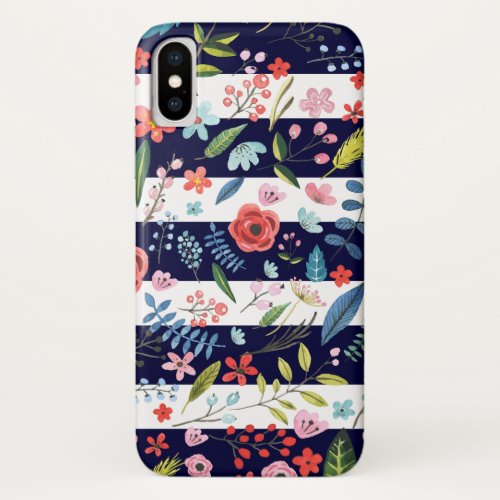 Blue Stripes  Colorful Botanical Flowers Pattern iPhone X Case