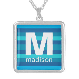 Blue Stripes custom monogram & name necklace