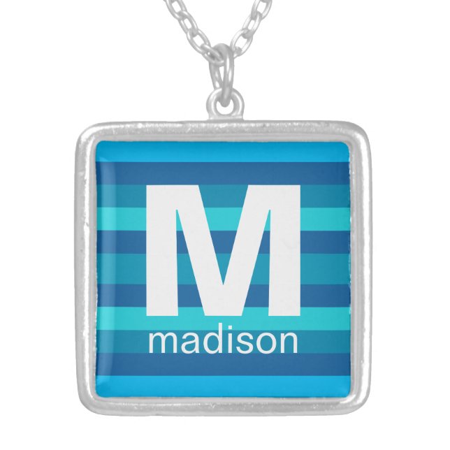 Blue Stripes custom monogram & name necklace (Front)