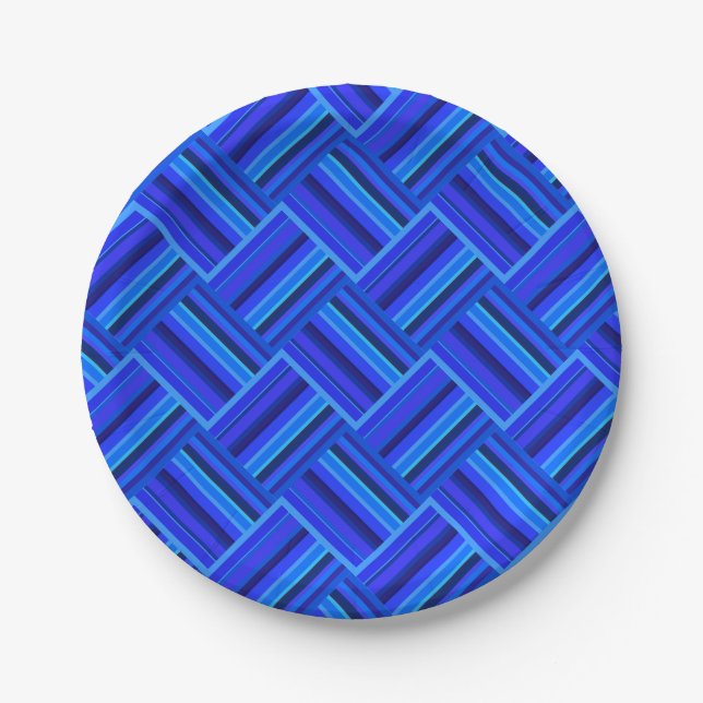 Blue stripes diagonal weave pattern paper plates (Front)