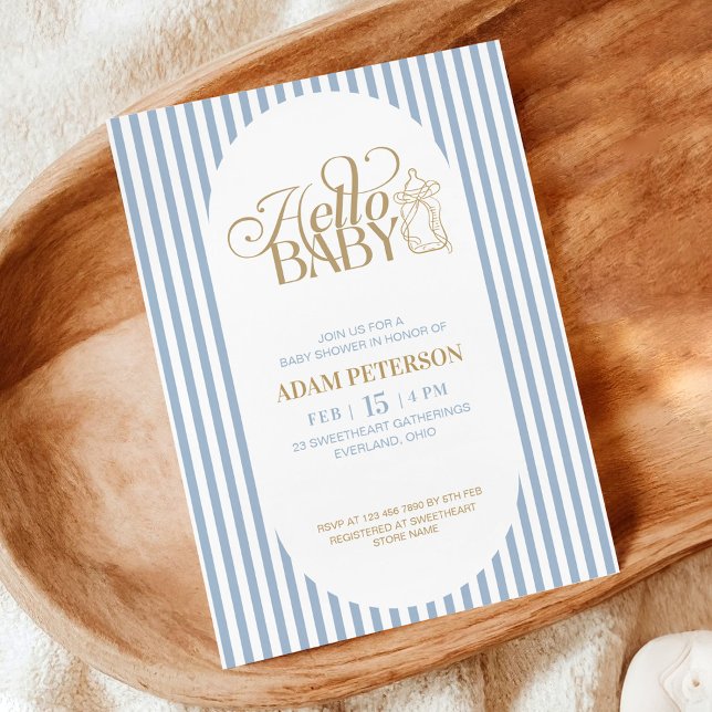 Blue Stripes Elegant Vintage Boy Baby Shower Invitation (Creator Uploaded)