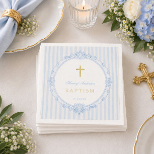 Blue Stripes Elegant Vintage Boy Baptism Napkins