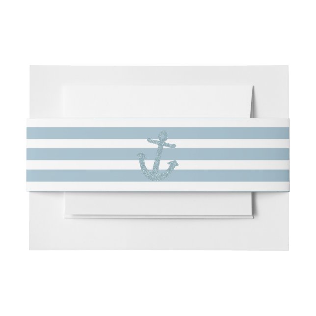 Blue Stripes Faux Glitter Anchor monogram Invitation Belly Band (Front Example)