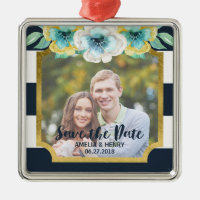 Blue Stripes Faux Gold Floral Save the Date Photo Metal Ornament