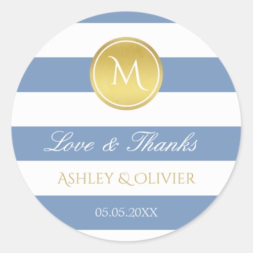 Blue Stripes  Faux Gold Monogram Love  Thanks Classic Round Sticker