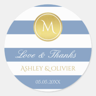 Blue Stripes & Faux Gold Monogram Love & Thanks Classic Round Sticker