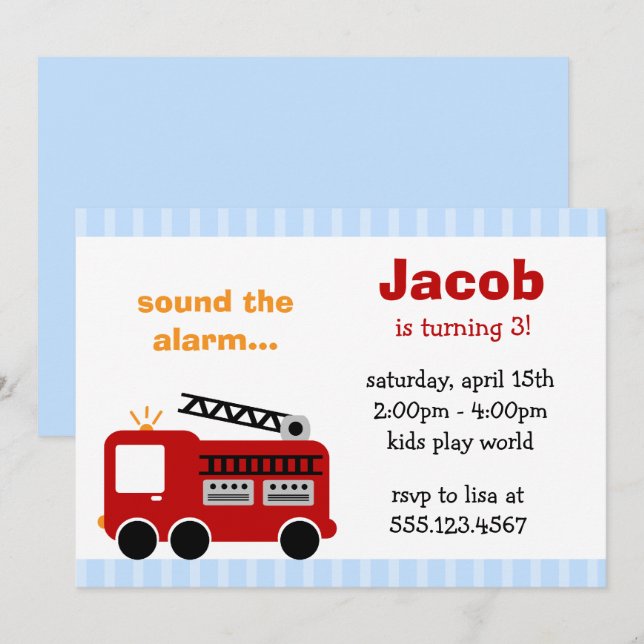 Blue Stripes Fire Truck Birthday Party Invitations (Front/Back)