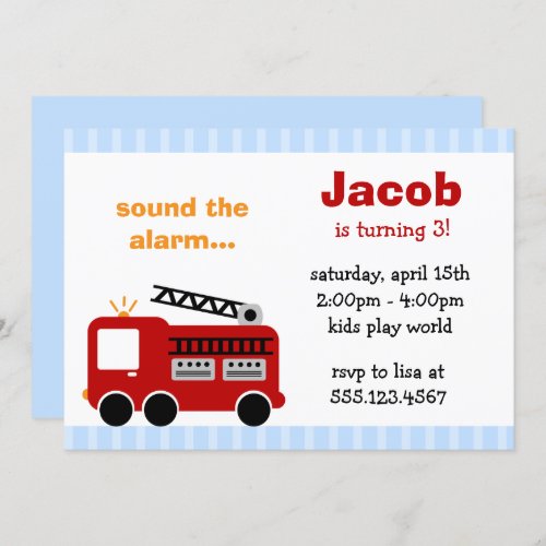 Blue Stripes Fire Truck Birthday Party Invitations