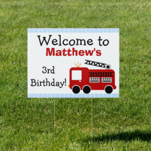 Blue Stripes Fire Truck Birthday Party Sign