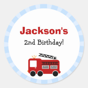 Blue Stripes Fire Truck Birthday Stickers