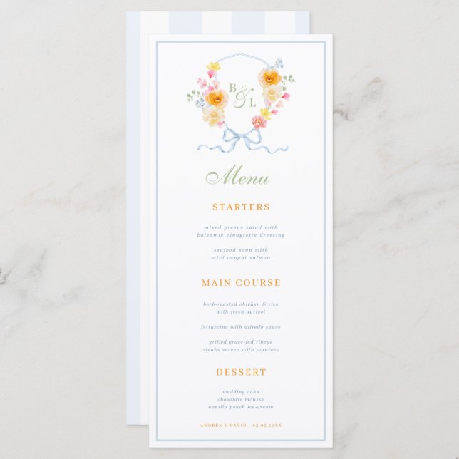 Blue Stripes & Floral Crest Spring Wedding Menu (Front/Back)