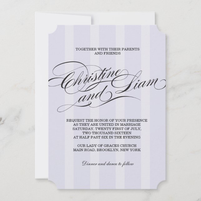 Blue Stripes Flourish Script Wedding Invitation (Front)