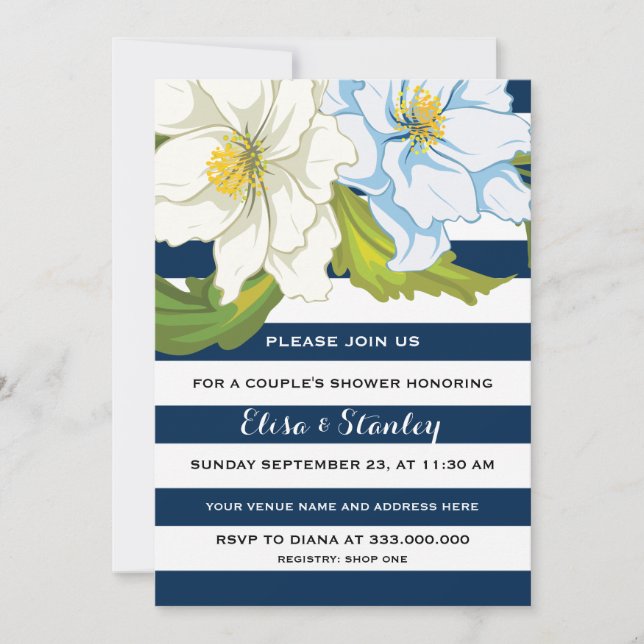 Blue stripes & flowers wedding couples shower invitation (Front)