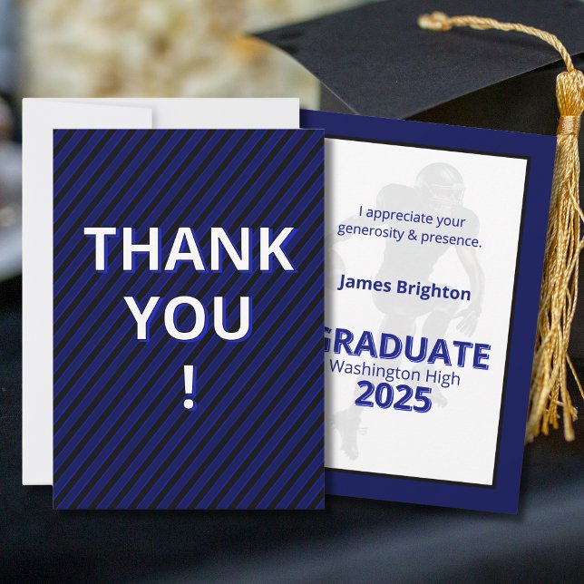 Blue Stripes Football Theme Graduation  Thank You Card (Creator Uploaded)