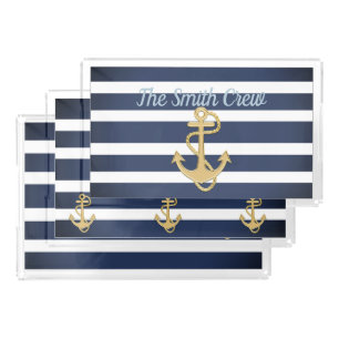 Blue Stripes & Gold Anchor Nautical Acrylic Tray