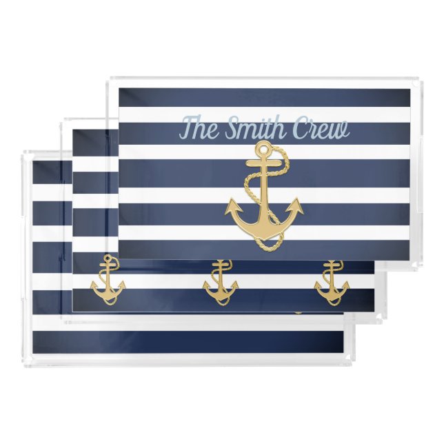Blue Stripes & Gold Anchor Nautical Acrylic Tray (Set)