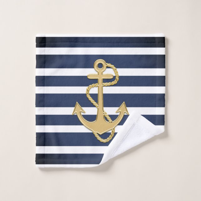Blue Stripes & Gold Anchor Nautical Bath Towel Set (Wash Cloth)