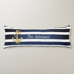 Blue Stripes & Gold Anchor Nautical Body Pillow