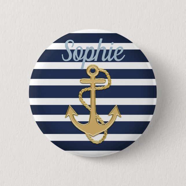 Blue Stripes & Gold Anchor Nautical Button (Front)