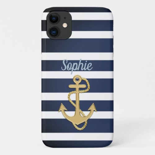 Blue Stripes  Gold Anchor Nautical iPhone 11 Case