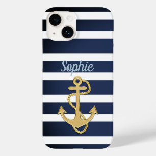 Blue Stripes & Gold Anchor Nautical Case-Mate iPhone 14 Case