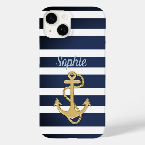 Blue Stripes  Gold Anchor Nautical Case_Mate iPhone 14 Case