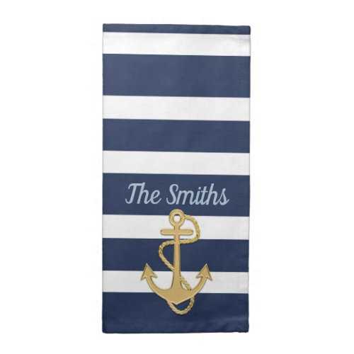 Blue Stripes  Gold Anchor Nautical Cloth Napkin