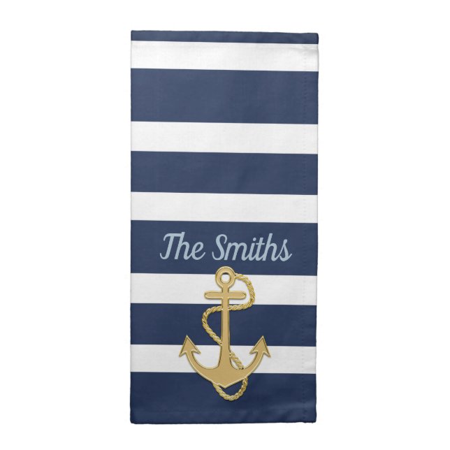 Blue Stripes & Gold Anchor Nautical Cloth Napkin (Half Fold)