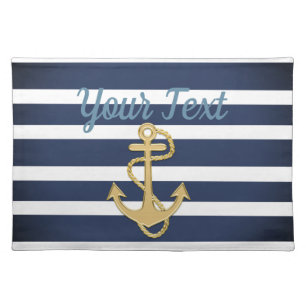 Blue Stripes & Gold Anchor Nautical Cloth Placemat