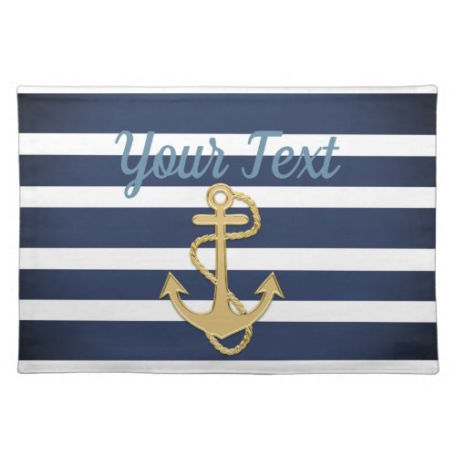 Blue Stripes  Gold Anchor Nautical Cloth Placemat
