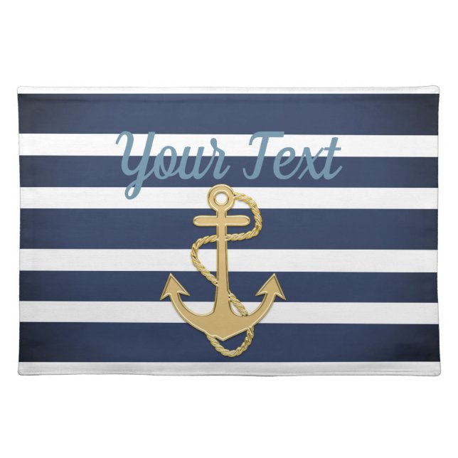 Blue Stripes & Gold Anchor Nautical Cloth Placemat (Front)