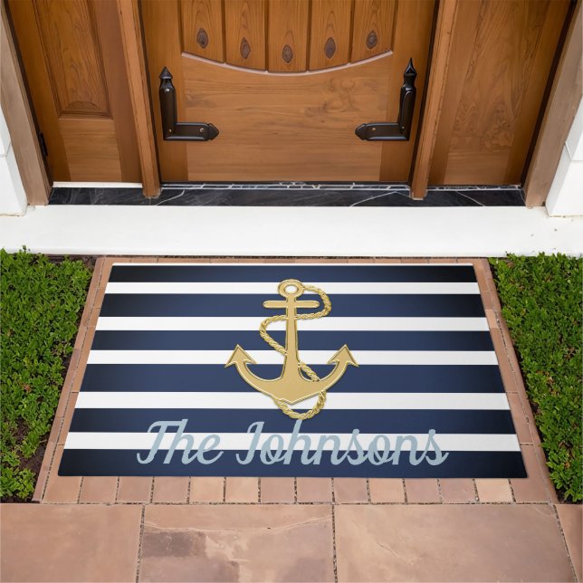 Blue Stripes & Gold Anchor Nautical Doormat (Outdoor)