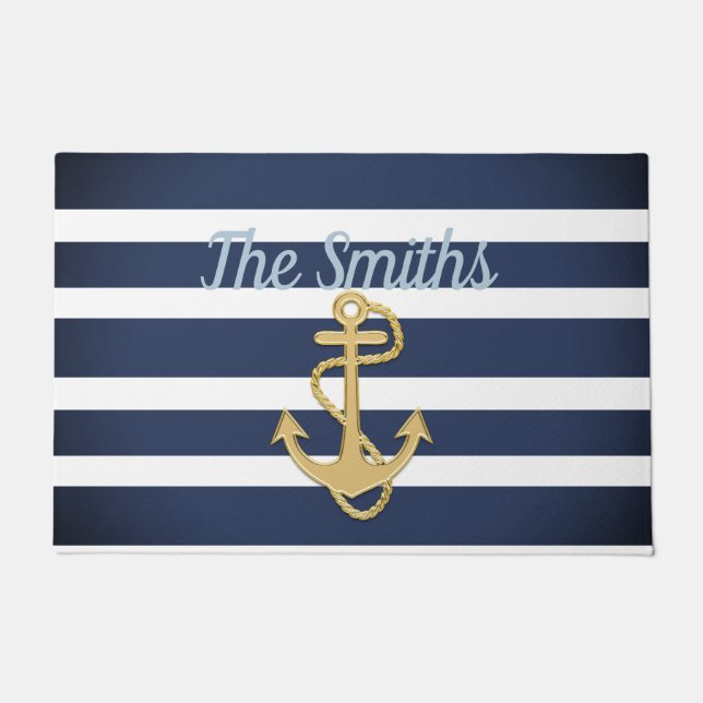 Blue Stripes & Gold Anchor Nautical Doormat (Front)