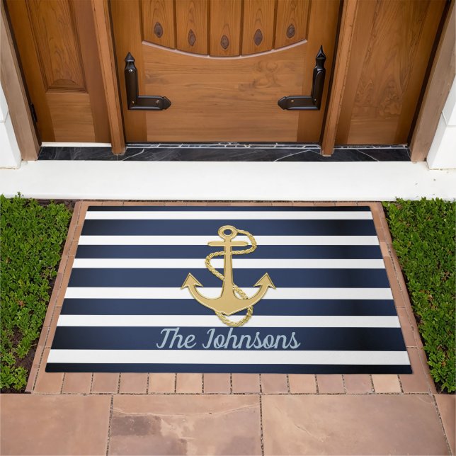 Blue Stripes & Gold Anchor Nautical Doormat (Outdoor)