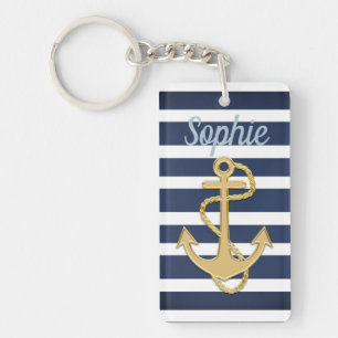 Blue Stripes & Gold Anchor Nautical Keychain