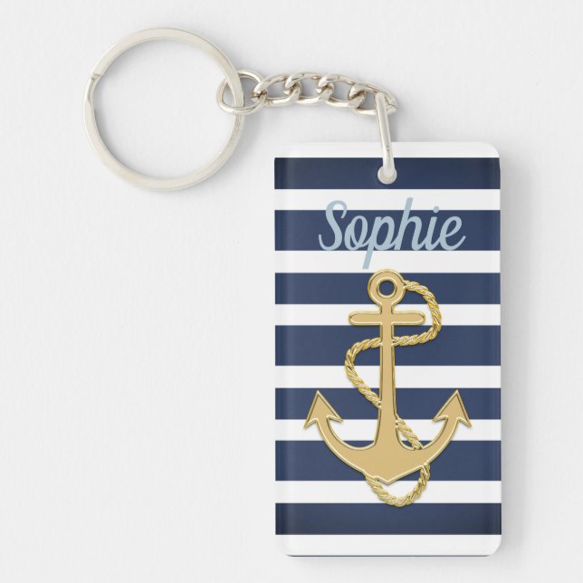 Blue Stripes & Gold Anchor Nautical Keychain (Front)
