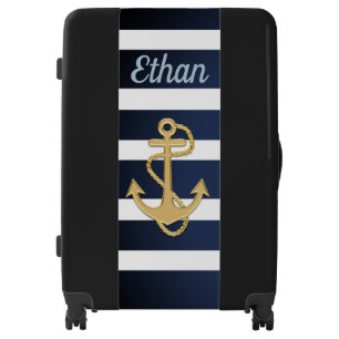 Blue Stripes & Gold Anchor Nautical Luggage