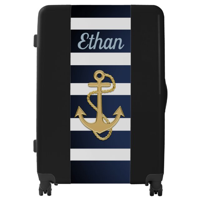 Blue Stripes & Gold Anchor Nautical Luggage (Front)
