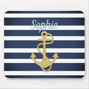 Blue Stripes & Gold Anchor Nautical Mouse Pad