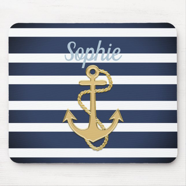 Blue Stripes & Gold Anchor Nautical Mouse Pad (Front)