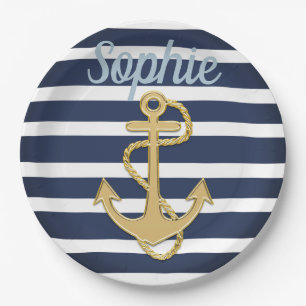 Blue Stripes & Gold Anchor Nautical Paper Plates