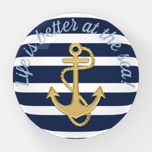 Blue Stripes  Gold Anchor Nautical Paperweight