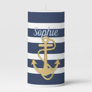 Blue Stripes & Gold Anchor Nautical Pillar Candle