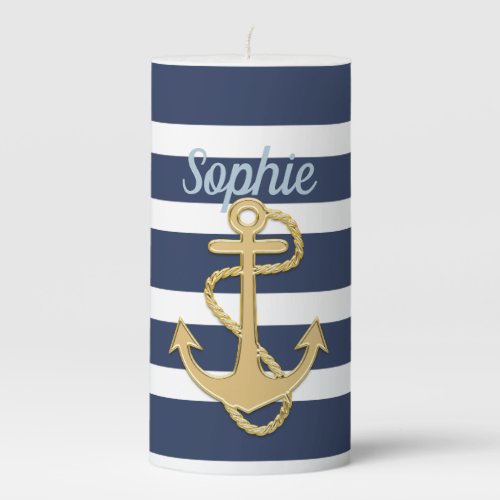 Blue Stripes  Gold Anchor Nautical Pillar Candle