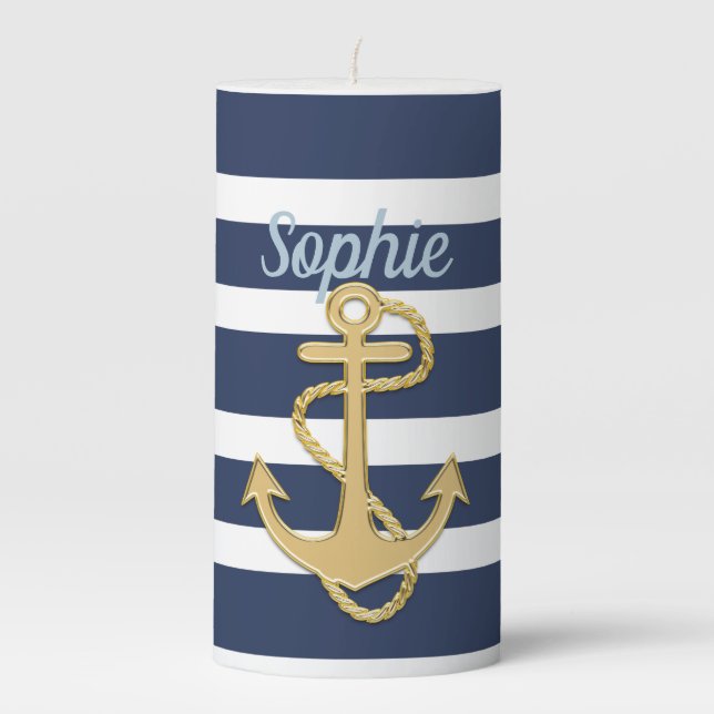 Blue Stripes & Gold Anchor Nautical Pillar Candle (Front)