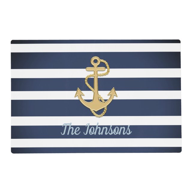 Blue Stripes & Gold Anchor Nautical Placemat (Front)