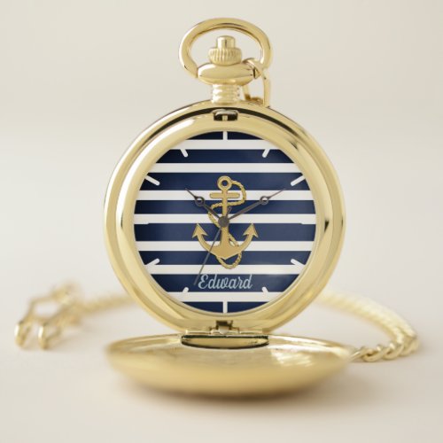 Blue Stripes  Gold Anchor Nautical Pocket Watch