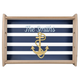 Blue Stripes & Gold Anchor Nautical Serving Tray
