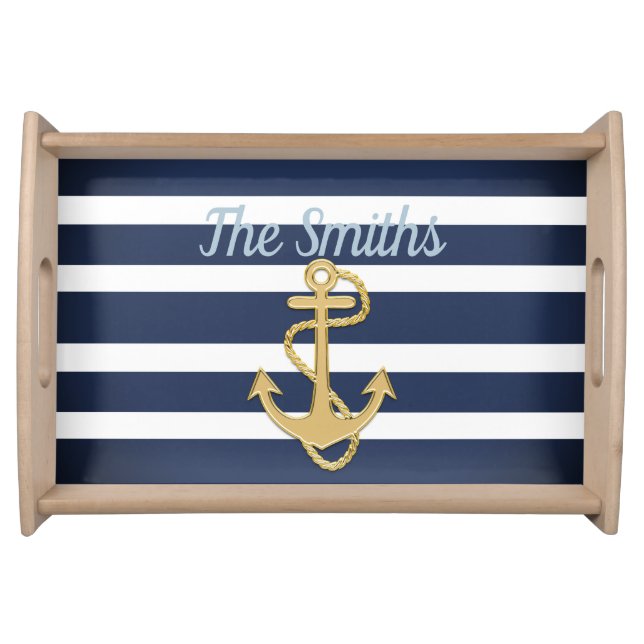 Blue Stripes & Gold Anchor Nautical Serving Tray (Front)