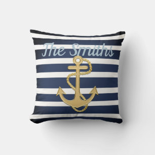 Blue Stripes & Gold Anchor Nautical Throw Pillow